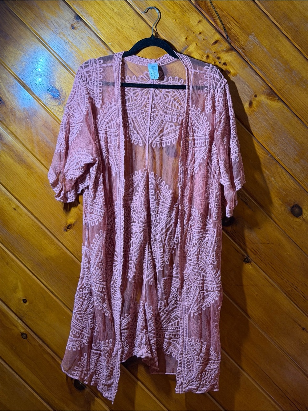 Source Unknown Pink Lace Crochet Swim Coverup